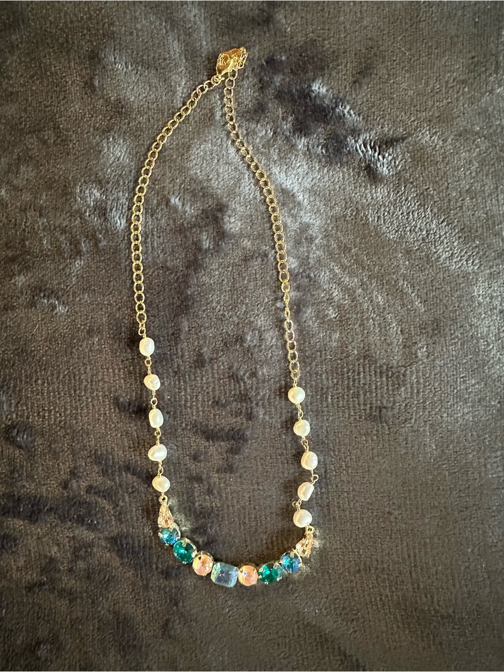 Gold-Tone Multi Gemstone with Pearls Necklace with Blue and Peach Accents